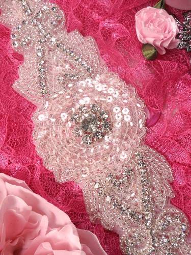 XR109 Crystal Clear Sequin Silver Beaded Rhinestone Applique 8.75"