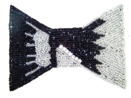 XR31 Black & Silver Bow Tie Beaded Rhinestone Applique 5"