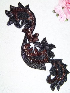 XR34  Black Chocolate Beaded Sequin Applique 11"