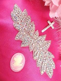 XR55 Aurora Borealis Crystal AB Silver Beaded Rhinestone Applique 7"