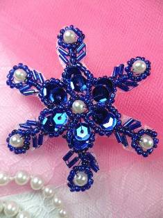 XR72  Blue Pearl Snowflake Beaded Sequin Applique 2.5"