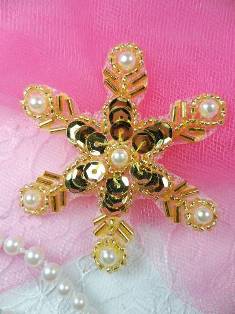 XR72 Gold Pearl Snowflake Beaded Sequin Applique 2.5"