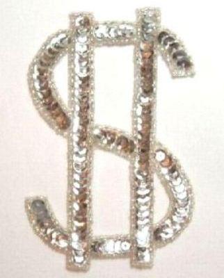 Silver Dollar Sign 4.5" Sequin Beaded Applique 0126