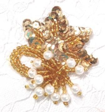 AT8634 Gold Pearl Dangle Sequin Beaded Applique 2"