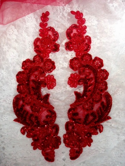 0049 Red Paris Mirror Pair 13" Sequn Beaded Appliques 0049