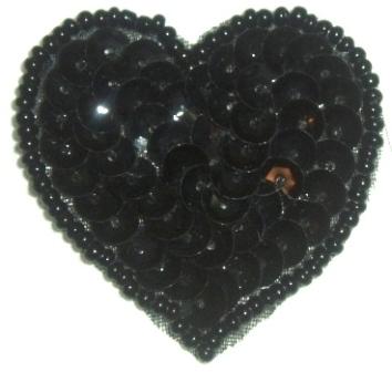 LC364  Black Heart Sequin Beaded Applique  1.5"