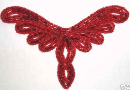 K8107  Red Pearl Collar  Motif  Beaded Applique 5.25"