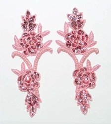 E105 Appliques Rose Vine Mirror Pair Sequin Beaded Pink Pearl 9.5"