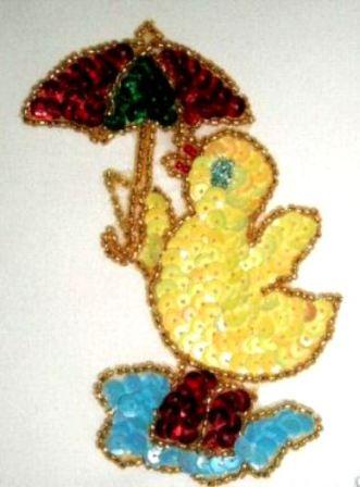 E223  Singing in the Rain Duck Sequin Beaded Applique 4"