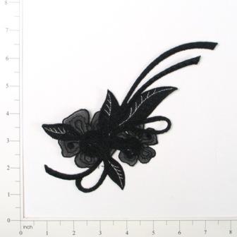 E644  Black Floral Motif Iron On Applique 8"
