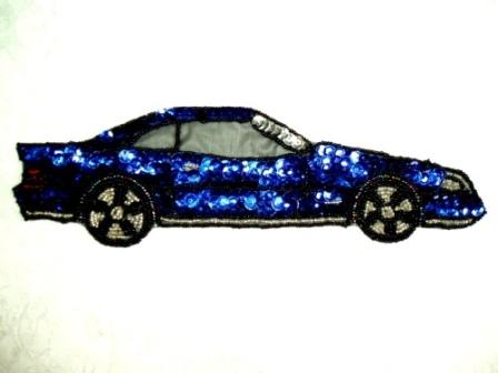 EA26  Blue Car Sequin Beaded Applique 10"