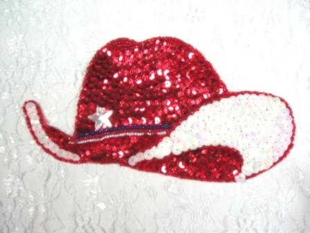 EA29  Red Cowboy Hat Sequin Beaded Applique 7"
