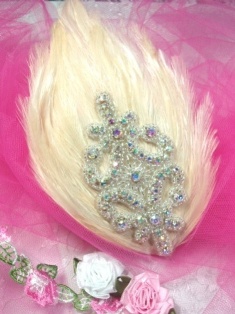 FB36  Beige Feather Rhinestone Crystal AB Applique Brooch 7"