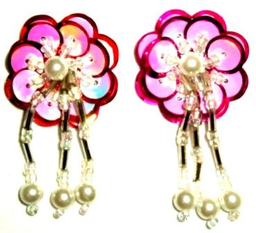 LC320 Set of ( 2 ) Fuchsia Dangle Pair Sequin Beaded Appliques 2"