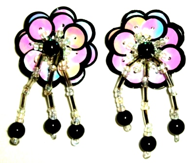 LC321 Set of ( 2 ) Black White Dangle Pair Sequin Beaded Appliques 2"