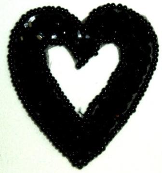 LC363  Black Heart Sequin Beaded Applique  2.25"