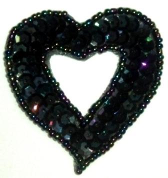 LC363  Black AB Heart Sequin Beaded Applique  2.25"