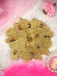 MS16 Metallic Gold Embroidered Floral Beaded Sequin Applique 4"