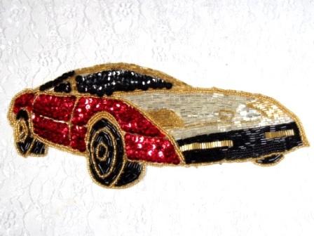 L  Red Corvette Car Sequin Beaded Applique 10"