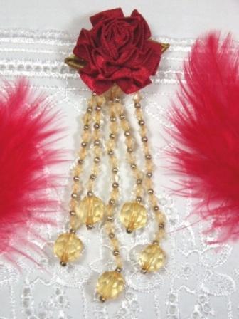 VD21 Red/Gold Floral Dangle Beaded Applique 3.75"