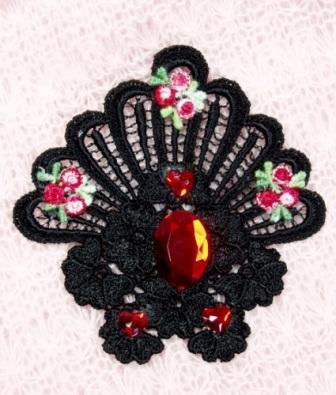 VG43   Black Red Heart Jewel Venise Lace Applique 4"