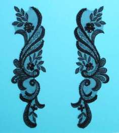 W2  Black Venise Lace Mirror Pair Beaded Sequin Appliques 9.5"