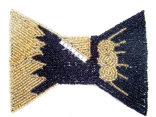 XR31 Black & Gold Bow Tie Beaded Rhinestone Applique 5"