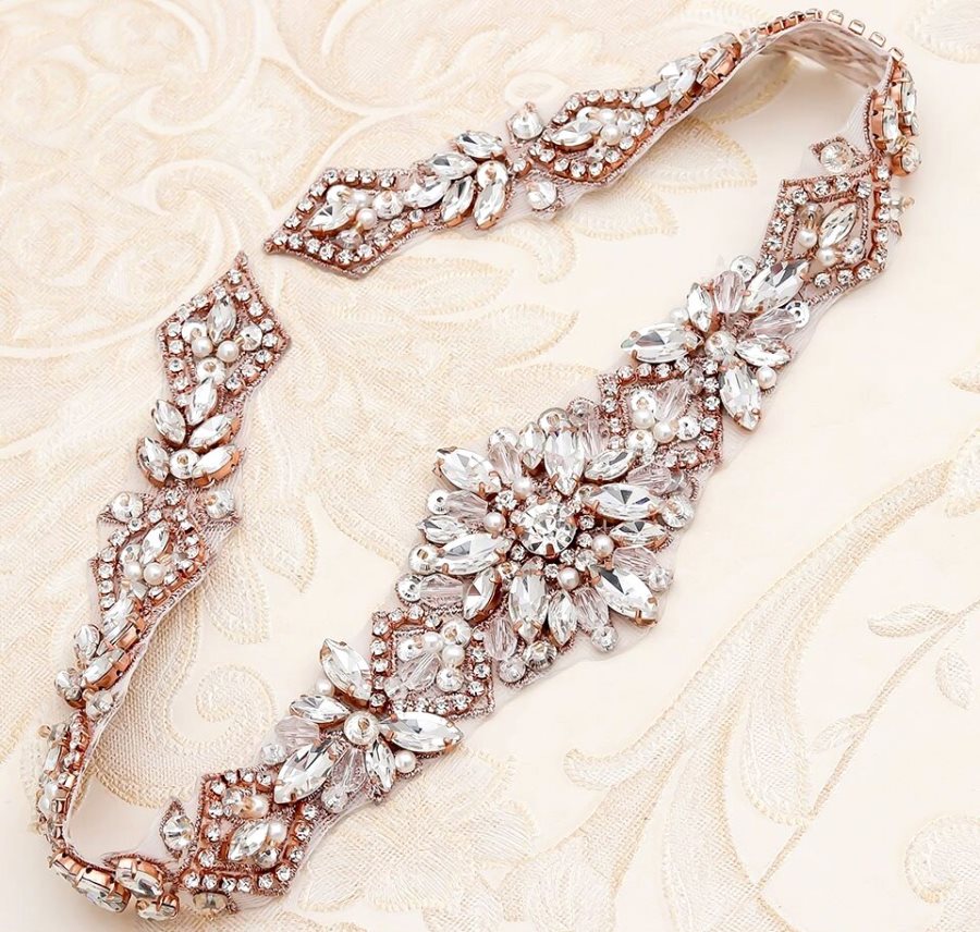 Rose Gold Applique Glass Rhinestones Wedding Gown Belt Designs