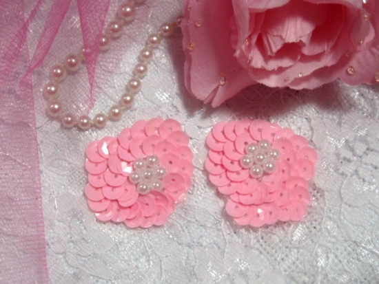 Pink Pearl Sequin Beaded Applique Pair 0006