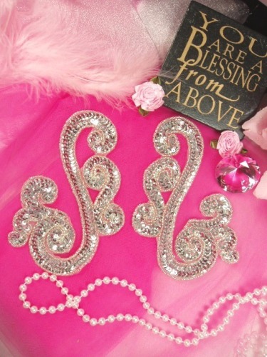 0013 Silver Scroll Mirror Pair Sequin Beaded Appliques