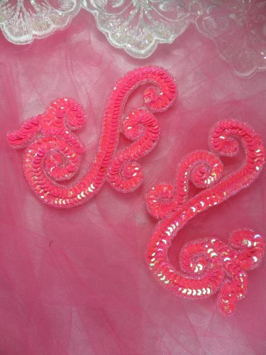 0013 Hot Pink Scroll Mirror Pair Sequin Beaded Appliques