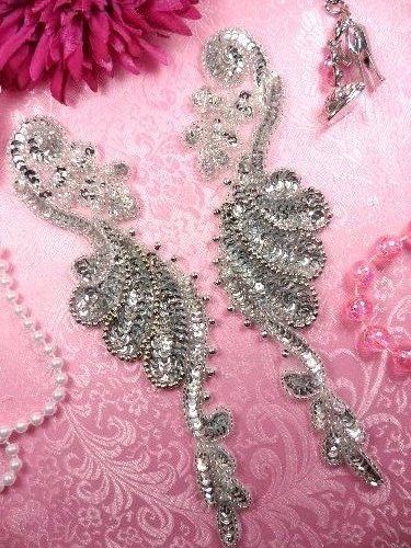 0016 Sequin Beaded Appliques Mirror Pair Silver 8.5