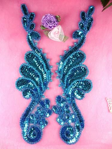 0016 Turquoise Mirror Pair  Sequin Beaded Appliques 8.5