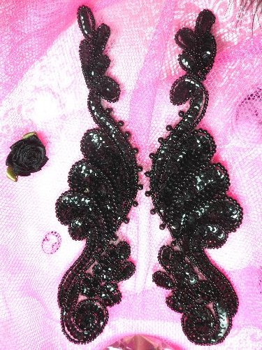 0016  Black Mirror Pair Beaded Sequin Appliques 8