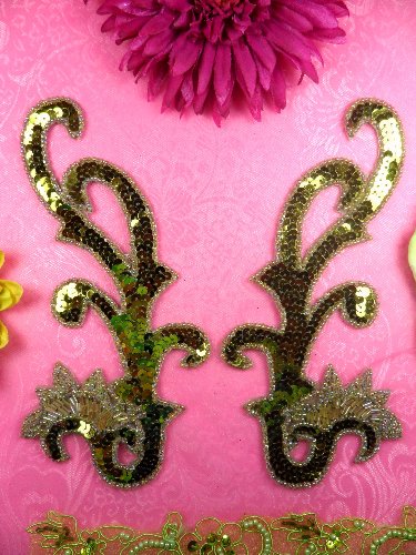 0020  Olive Green Mirror Pair Sequin Beaded Appliques 8\
