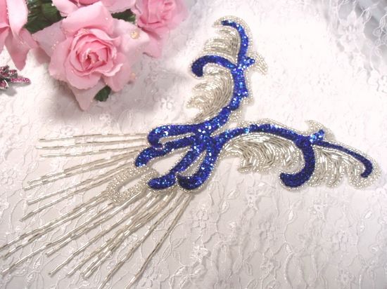 0021 Royal Blue Silver Yoke Sequin Beaded Applique 12
