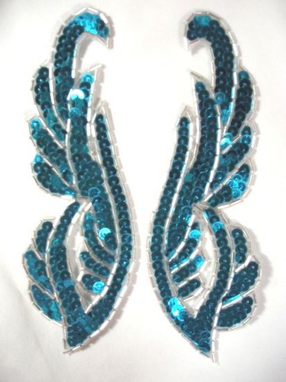 0033 Turquoise Silver Mirror Pair Sequin Beaded Appliques 6.25