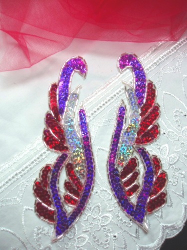 0033 Purple Red Mirror Pair Sequin Beaded Appliques 6.25