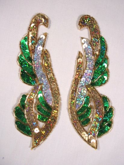 0033 Green Silver Gold Holographic Mirror Pair Sequin Beaded Appliques 6