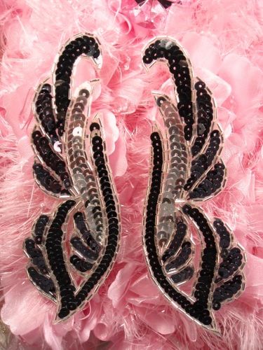 0033 Black & Silver Mirror Pair Beaded Sequin Appliques 6.25