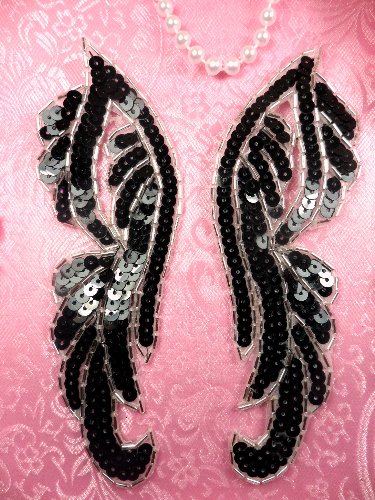 0033 Black Silver Appliques Mirror Pair Sequin Beaded 6.25