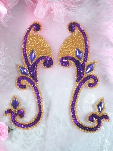 0034 Purple & Gold Jeweled Mirror Pair Sequin Beaded Appliques 6