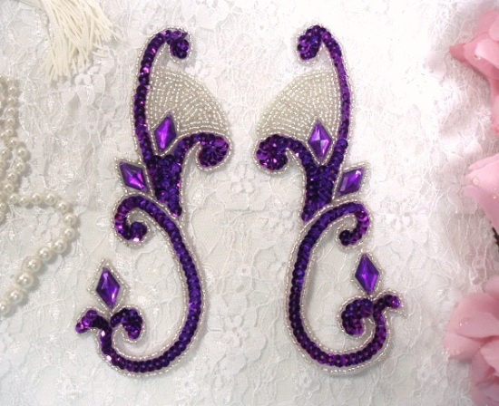 Purple Jeweled Mirror Pair  6\ Sequin Beaded Appliques  0034