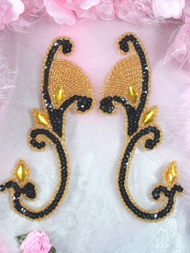 0034 Black & Gold Jeweled Mirror Pair Sequin Beaded Appliques 6