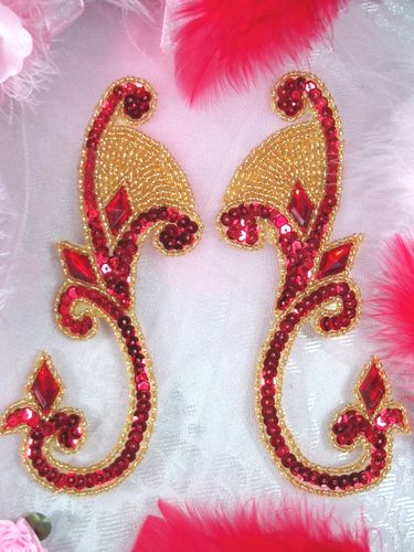 0034  Red & Gold Beaded Sequin Appliques Mirror Pair