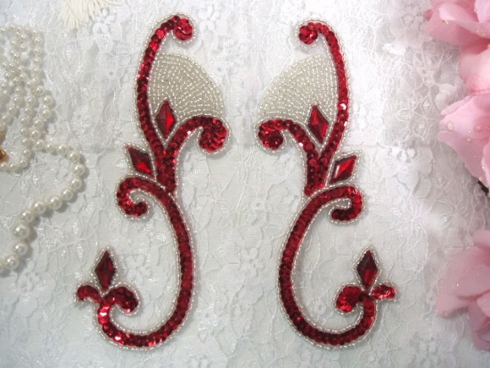 Red Silver Jeweled Mirror Pair  6\ Sequin Beaded Appliques  0034