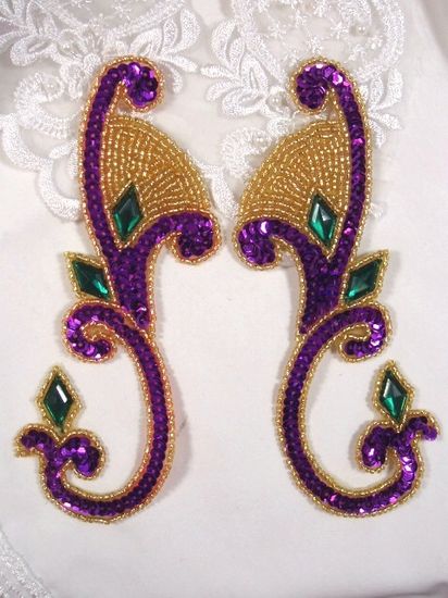 0034 Purple Green Jeweled Mirror Pair Sequin Beaded Appliques 6\