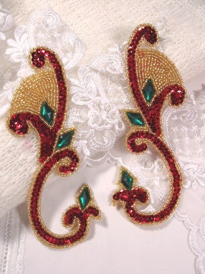 0034 Red Green Jeweled Mirror Pair Sequin Beaded Appliques 6
