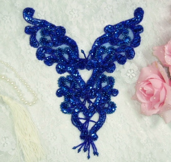 0035 Royal Blue Heart Bodice Yoke 8 Sequin Beaded Applique