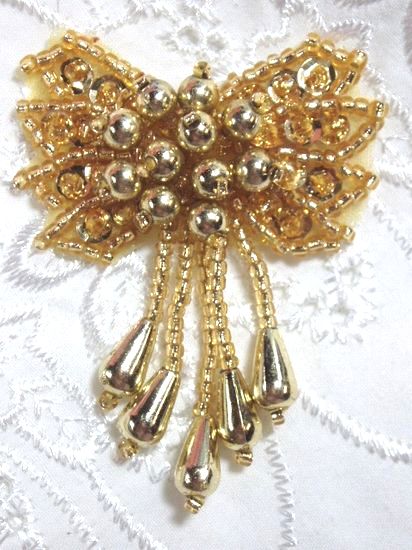 0036  Gold Bow Sequin Beaded Applique 2.5\